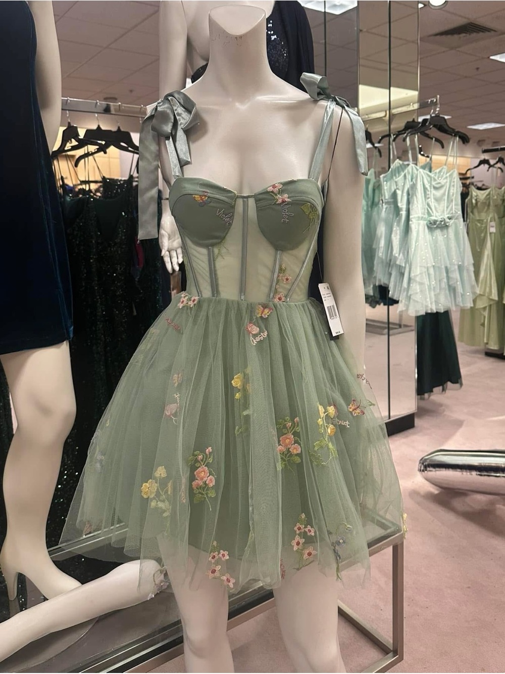 Sage Green Floral Tulle Mini Dress with Bow Straps